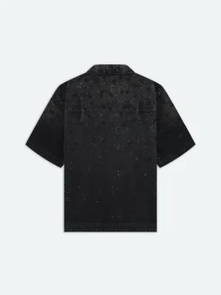 FLORAL CRYSTAL DENIM SHORT SLEEVE SHIRT